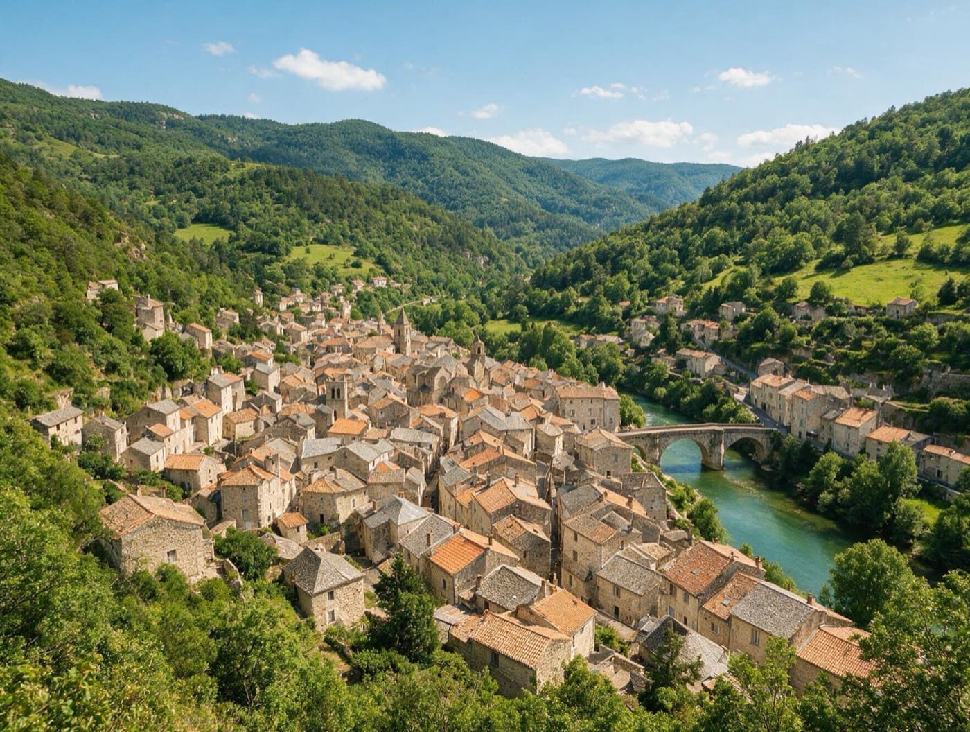 Vue des hauteurs du Vigan et de la vallée cévenole, secteur d’intervention ALP Transports